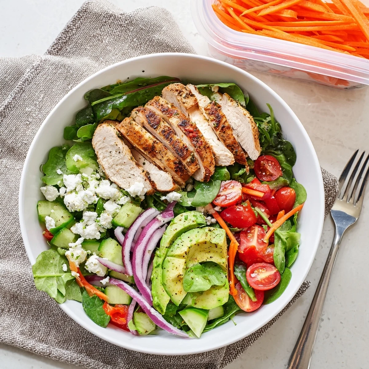 Grilled chicken slices rest atop vibrant mixed greens, cherry tomatoes, cucumbers, and creamy avocado slices in a meal prep salad container.  