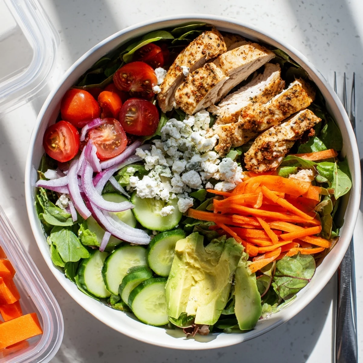 Tangy lemon dressing is drizzled over colorful vegetables and juicy chicken for a fresh, high-protein make-ahead lunch.  