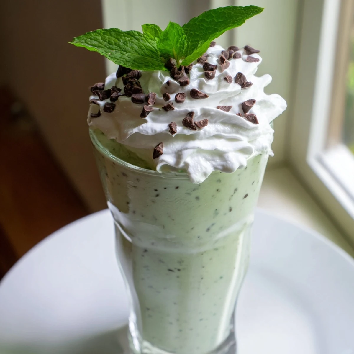 Close-up of creamy green mint chip milkshake in a frosty glass, with mini chocolate chips visible and a straw ready to sip.