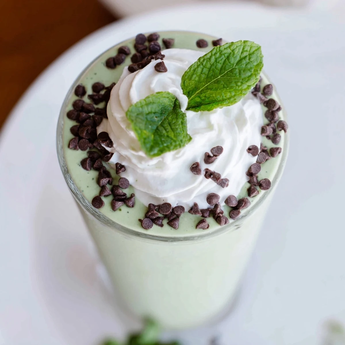 Two servings of homemade green mint chip milkshake garnished with fresh mint leaves and a swirl of whipped cream, perfect for summer.