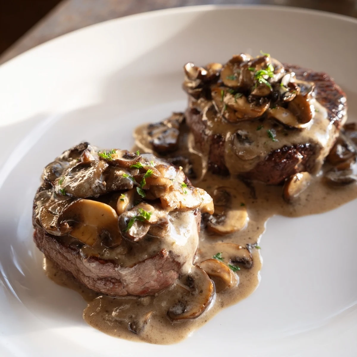 Golden seared steak Diane rests on a plate, drizzled with creamy mushroom sauce and fresh parsley.  