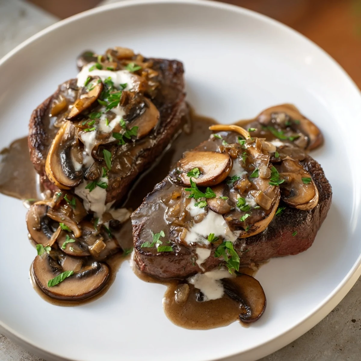 Succulent beef tenderloin steaks glazed in a rich mushroom and cognac sauce for an elegant dinner.  