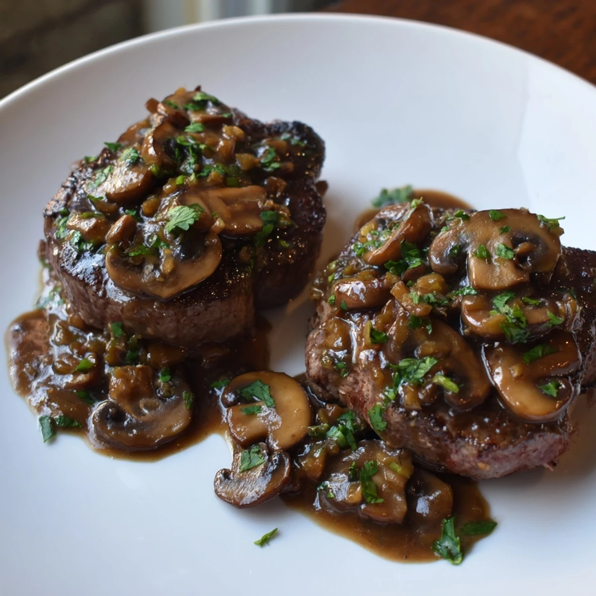 Intimate plating of Steak Diane with mushrooms, paired with roasted potatoes and asparagus for a romantic meal.
