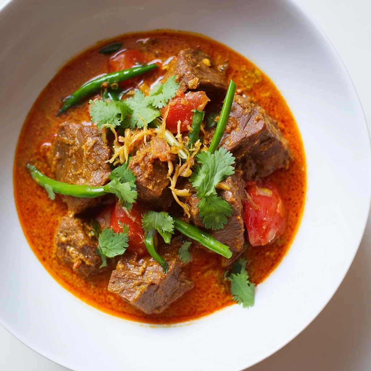 A close-up of tender beef cubes simmered in a vibrant red Spicy Beef Curry, garnished with fresh cilantro leaves.