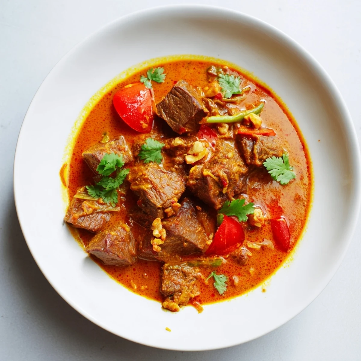 A rustic serving of Spicy Beef Curry in a ceramic bowl, accompanied by fluffy basmati rice and a warm naan bread.