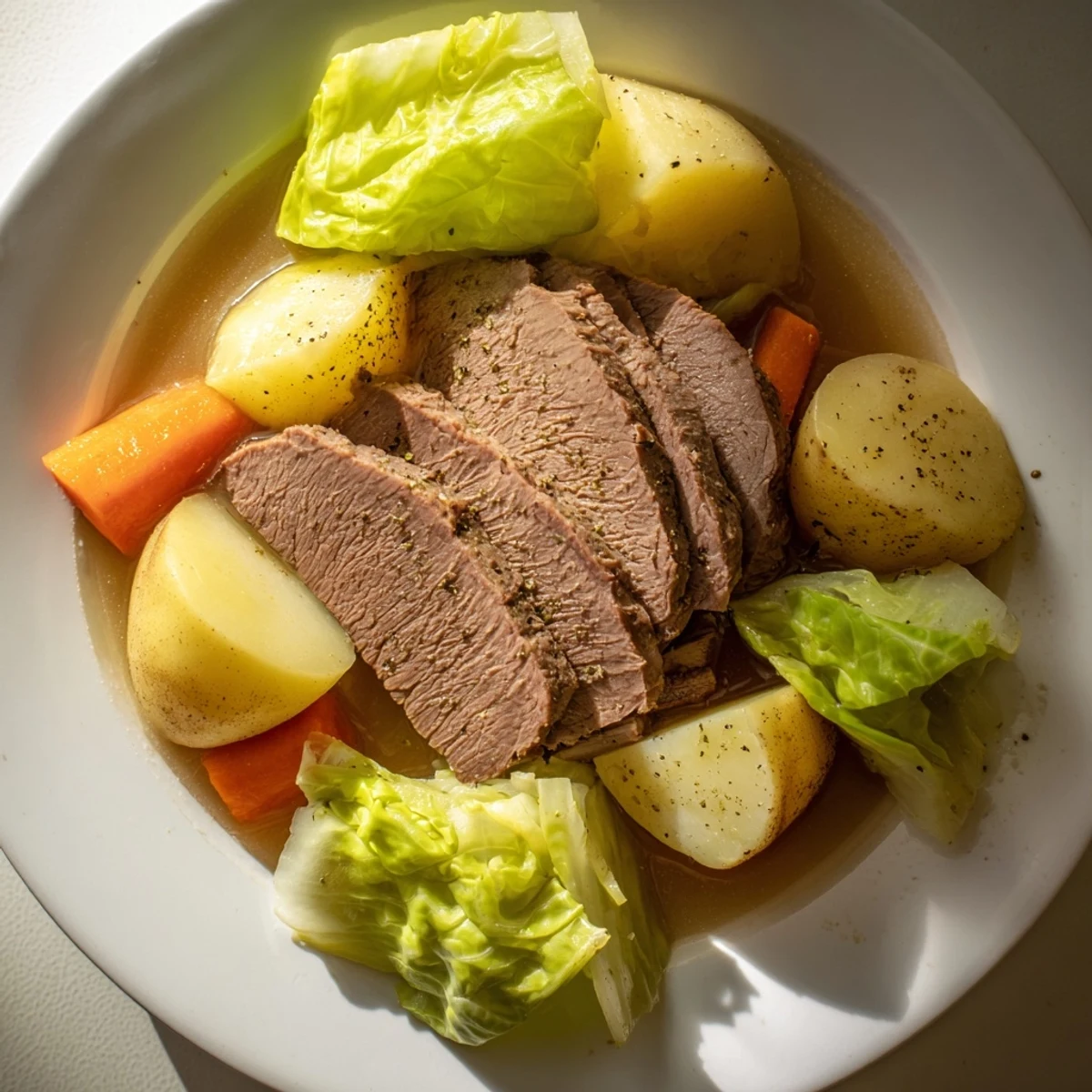 A rustic platter of St. Patrick's Day Halal Corned Beef with Cabbage, ready to serve hot.