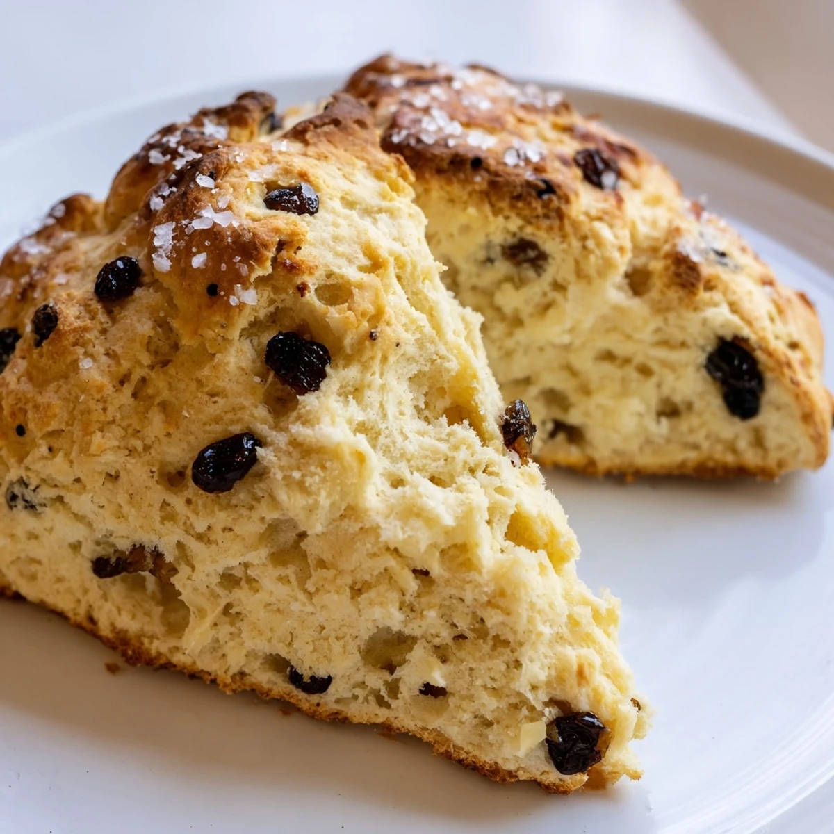 Golden-brown Irish Soda Bread Scones with Currants are arranged on a rustic wooden board, showcasing their craggy tops and speckled currants.  
