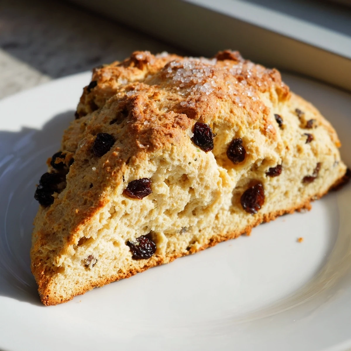 A close-up view of warm Irish Soda Bread Scones with Currants, highlighting their tender, flaky texture and sweet sugar topping.