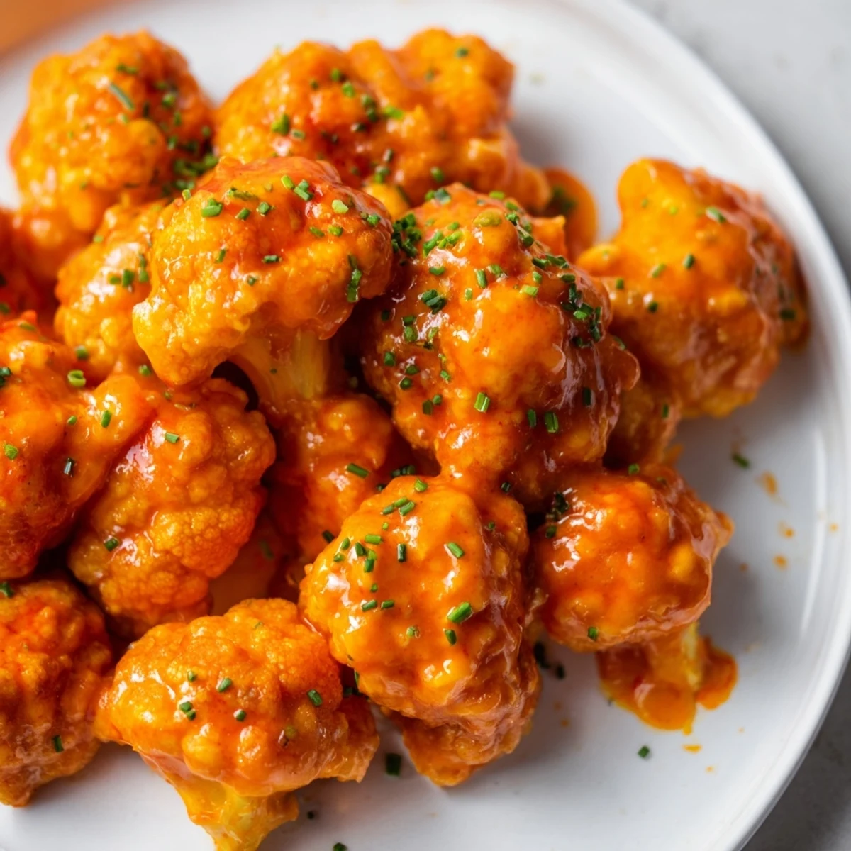 Oven-baked Championship Buffalo Cauliflower Bites tossed in tangy sauce on a platter with dipping options.