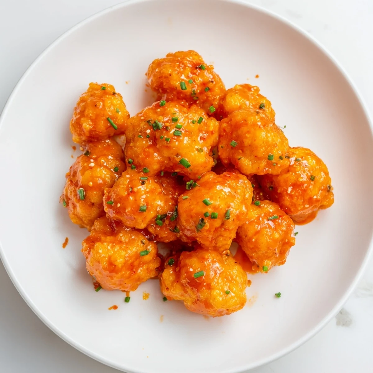 Crispy Championship Buffalo Cauliflower Bites garnished with fresh chives and blue cheese dressing for gameday.
