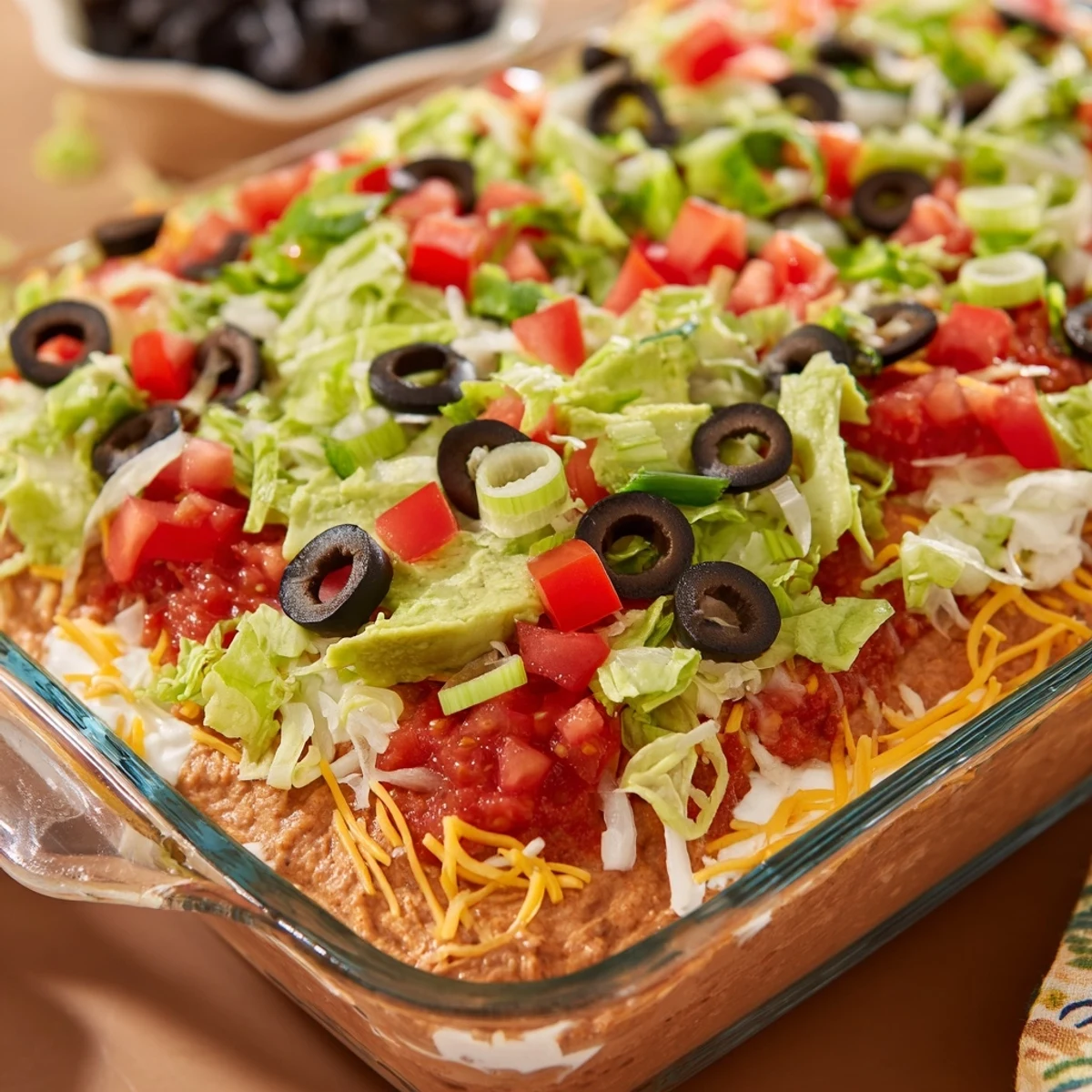 A close-up view of Super Bowl Seven Layer Taco Dip highlights diced tomatoes and black olives, ready to be scooped up with crunchy chips.