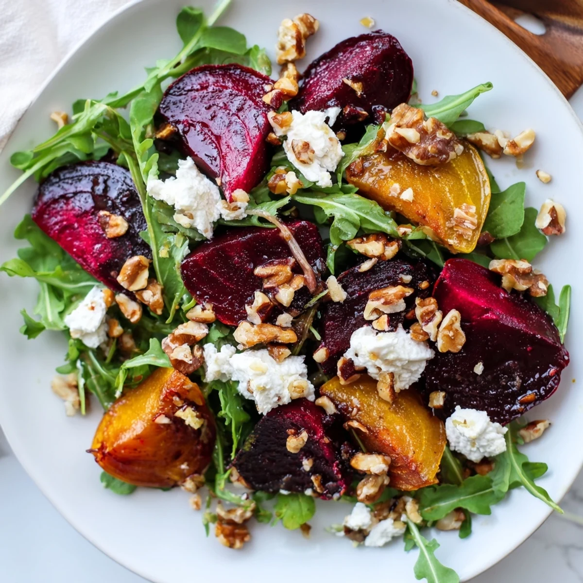 Valentine Beet and Goat Cheese Salad arranged on a platter with vibrant golden and red roasted beets, creamy crumbled goat cheese, and toasted walnuts.