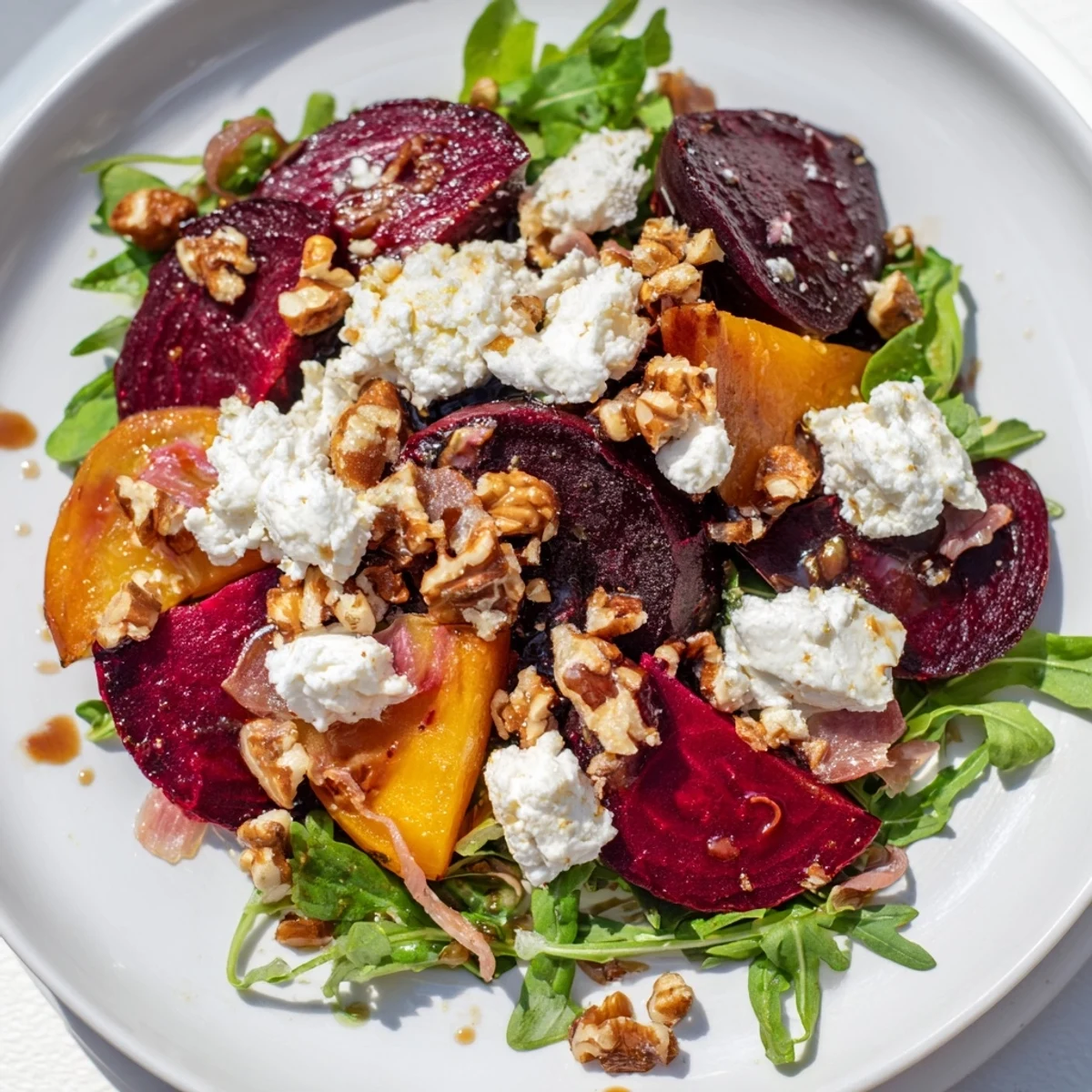 A close-up of Valentine Beet and Goat Cheese Salad with sliced roasted beets, peppery arugula, and a glistening balsamic dressing, ready to serve.