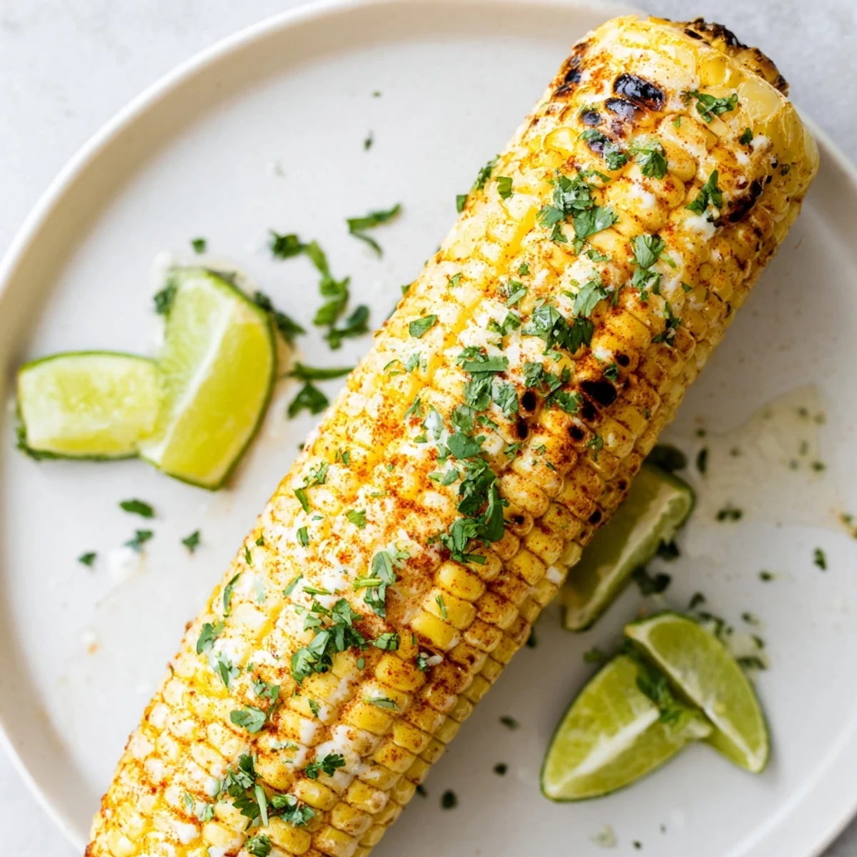 Four ears of Cajun Spiced Grilled Corn on the Cob sit charred and golden, dripping with melted smoky butter and topped with fresh parsley.
