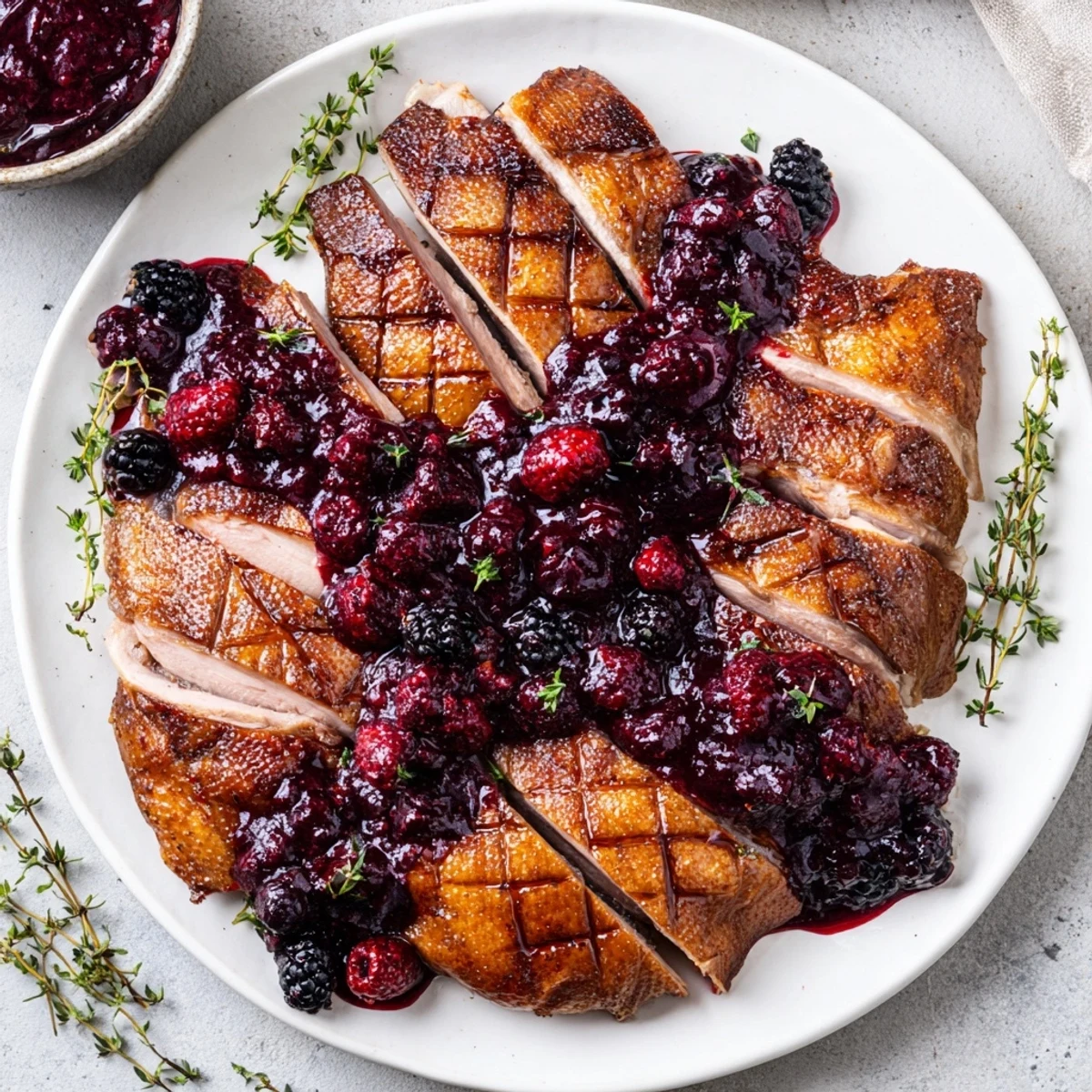 Golden-brown roasted duck breast sliced and fanned on a plate, drizzled with a vibrant, glossy mixed berry sauce.