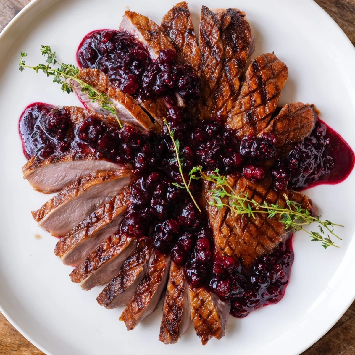 Succulent sliced duck breast topped with a chunky, dark red berry sauce, ideal for a romantic date night meal.