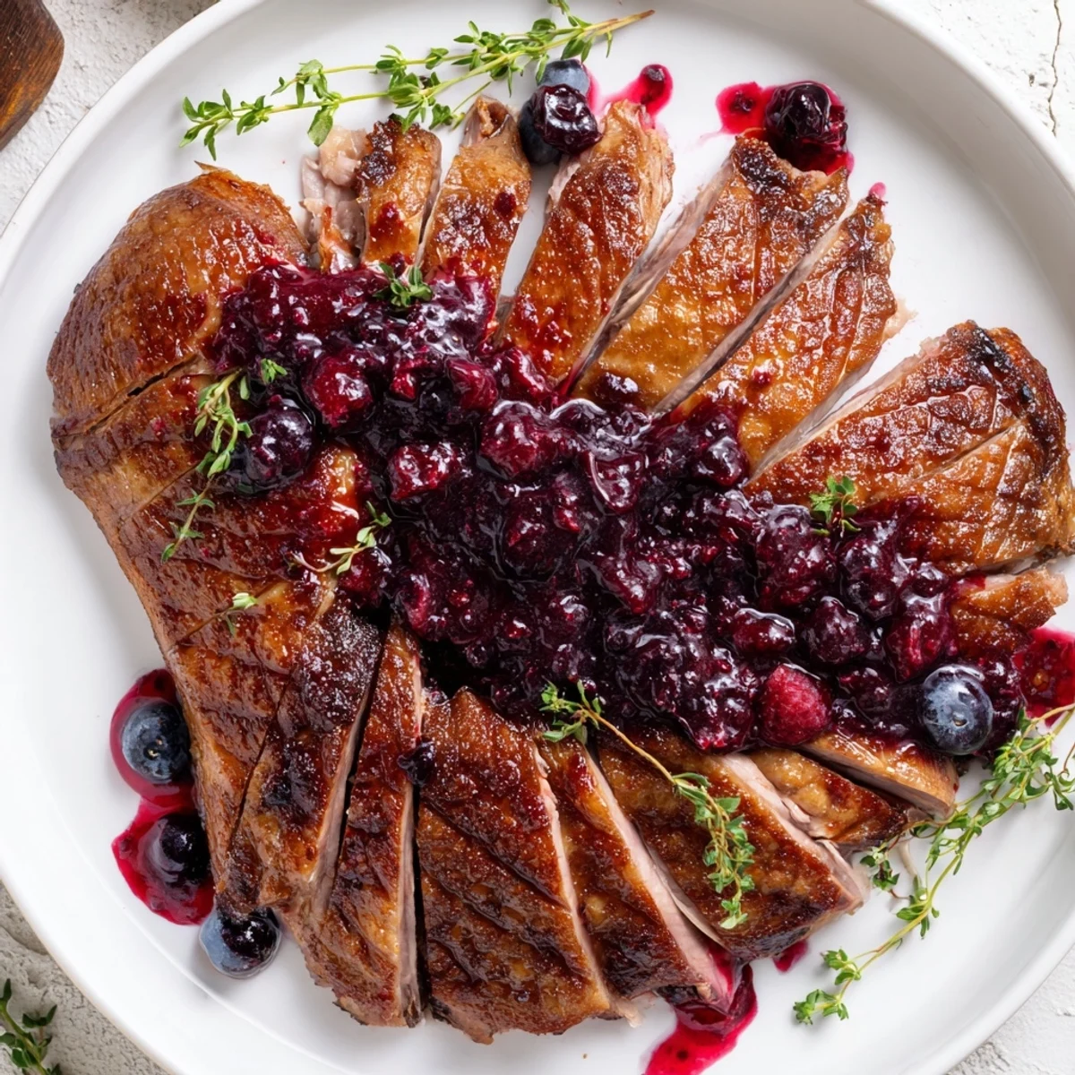 Roasted duck breast with berry sauce resting on a white plate, garnished with fresh thyme for an elegant dinner.