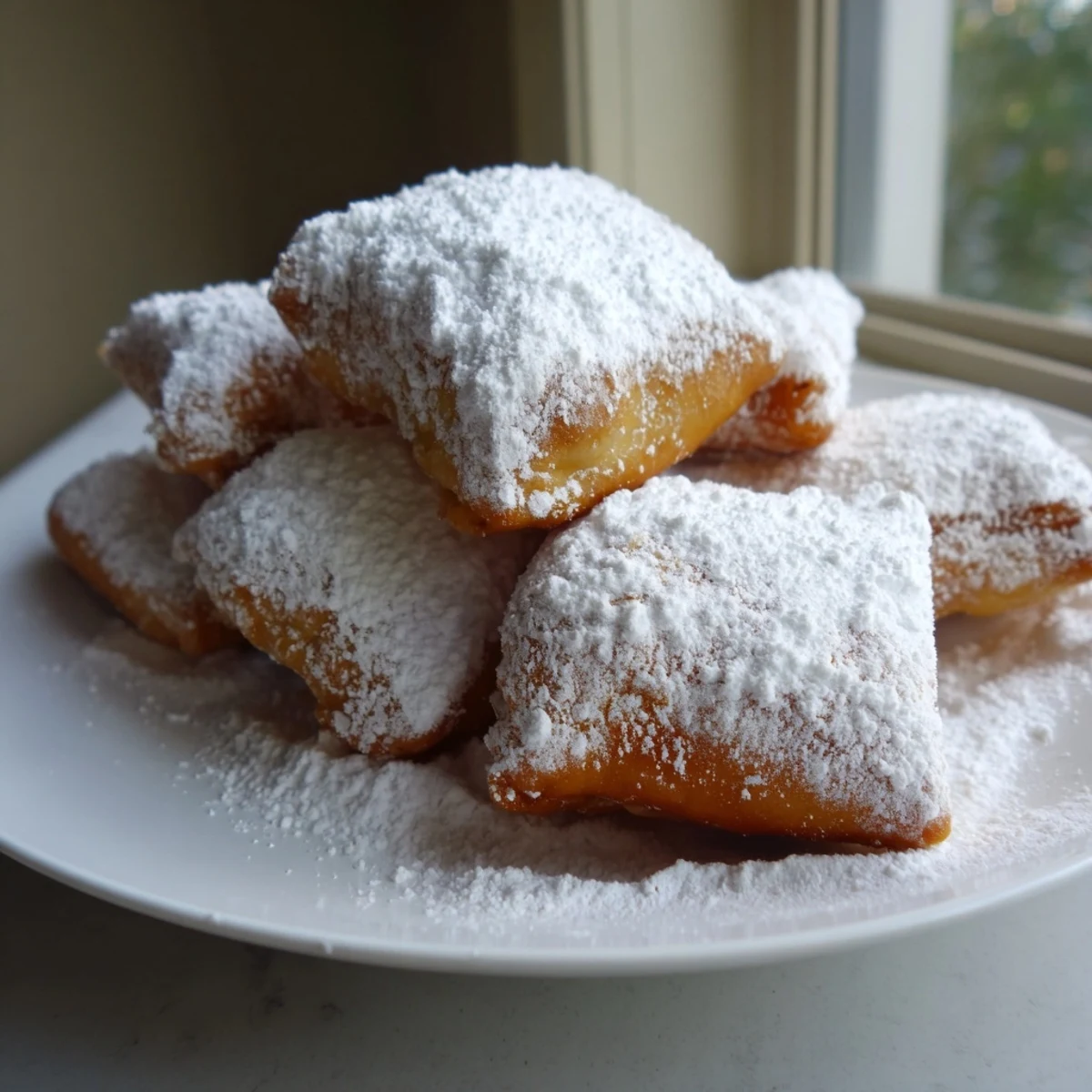Golden-brown Mardi Gras beignets with powdered sugar are piled high on a plate, ready to serve with hot coffee.