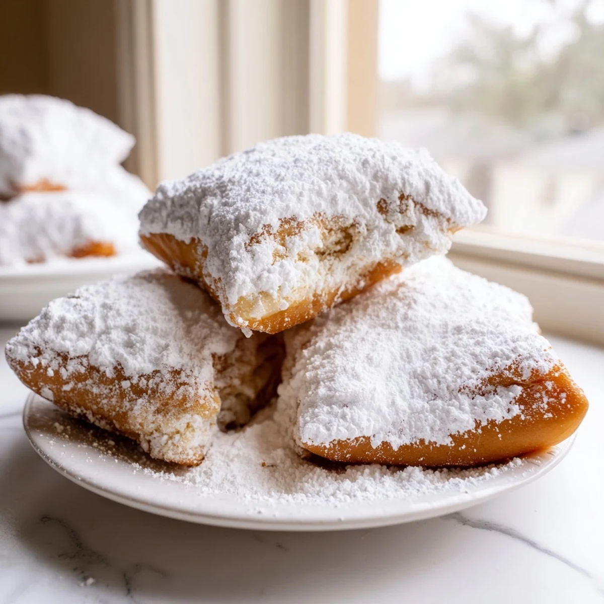 Fluffy Mardi Gras beignets with powdered sugar steam softly after frying, highlighting their pillowy texture.