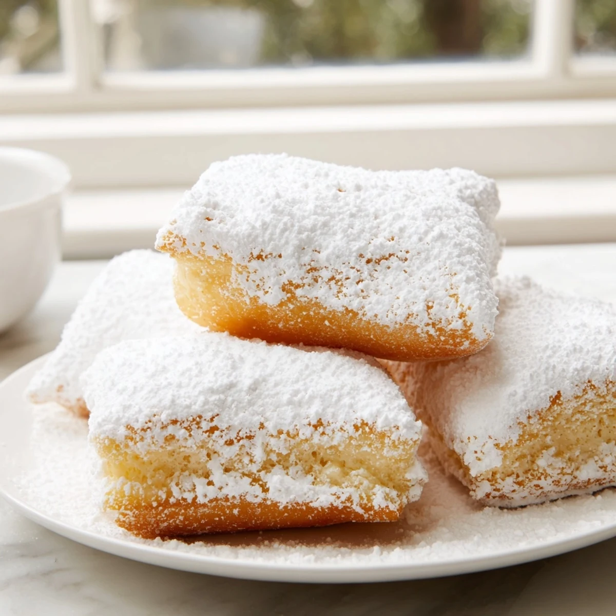 Freshly fried Mardi Gras beignets with powdered sugar on a napkin, a festive New Orleans treat.