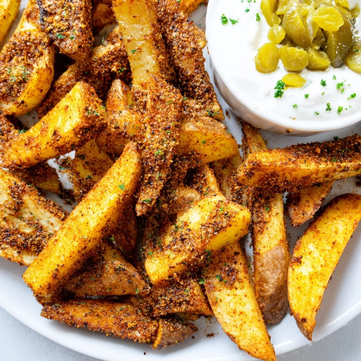 Crispy, golden Cajun Spiced Fries with Remoulade, garnished with fresh parsley and served alongside creamy dipping sauce.