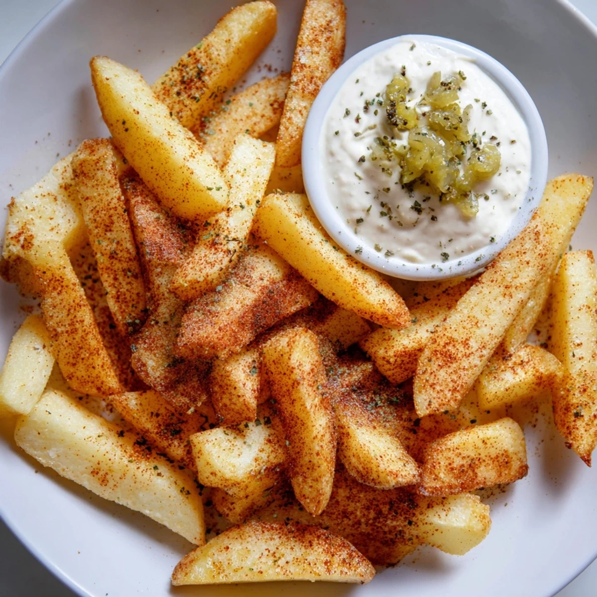 Golden Cajun Spiced Fries with Remoulade are baked to crispy perfection and plated for a Southern-inspired snack.