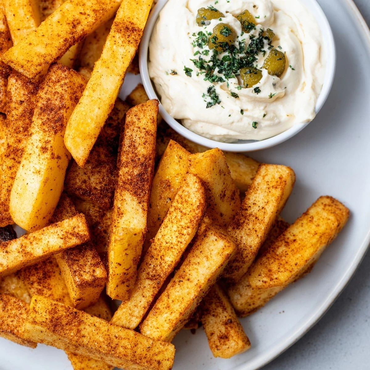 Air-fried Cajun Spiced Fries with Remoulade rest beside a small ramekin of zesty, creamy dipping sauce.