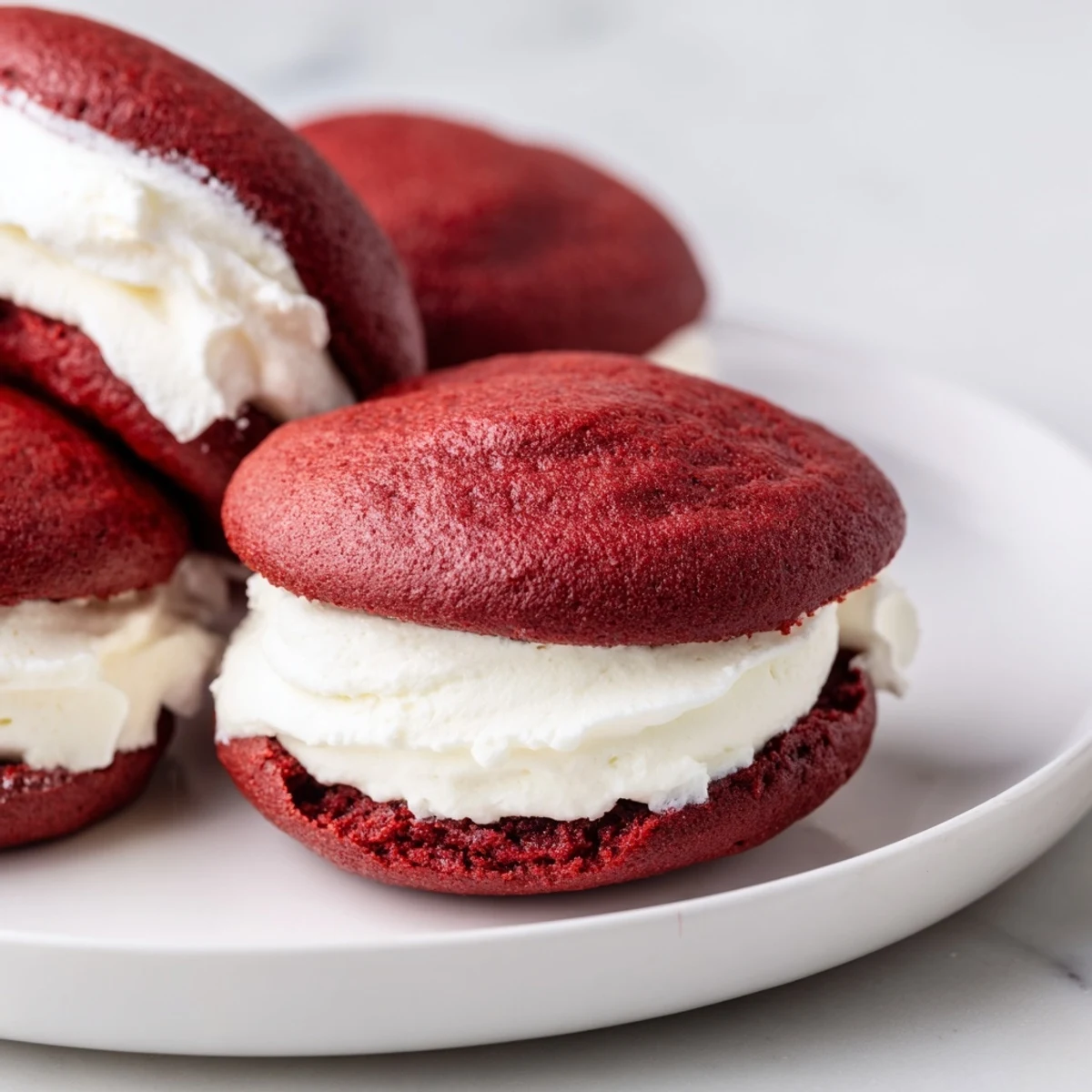 Two soft red velvet whoopie pies with marshmallow filling are stacked on a rustic wooden board.