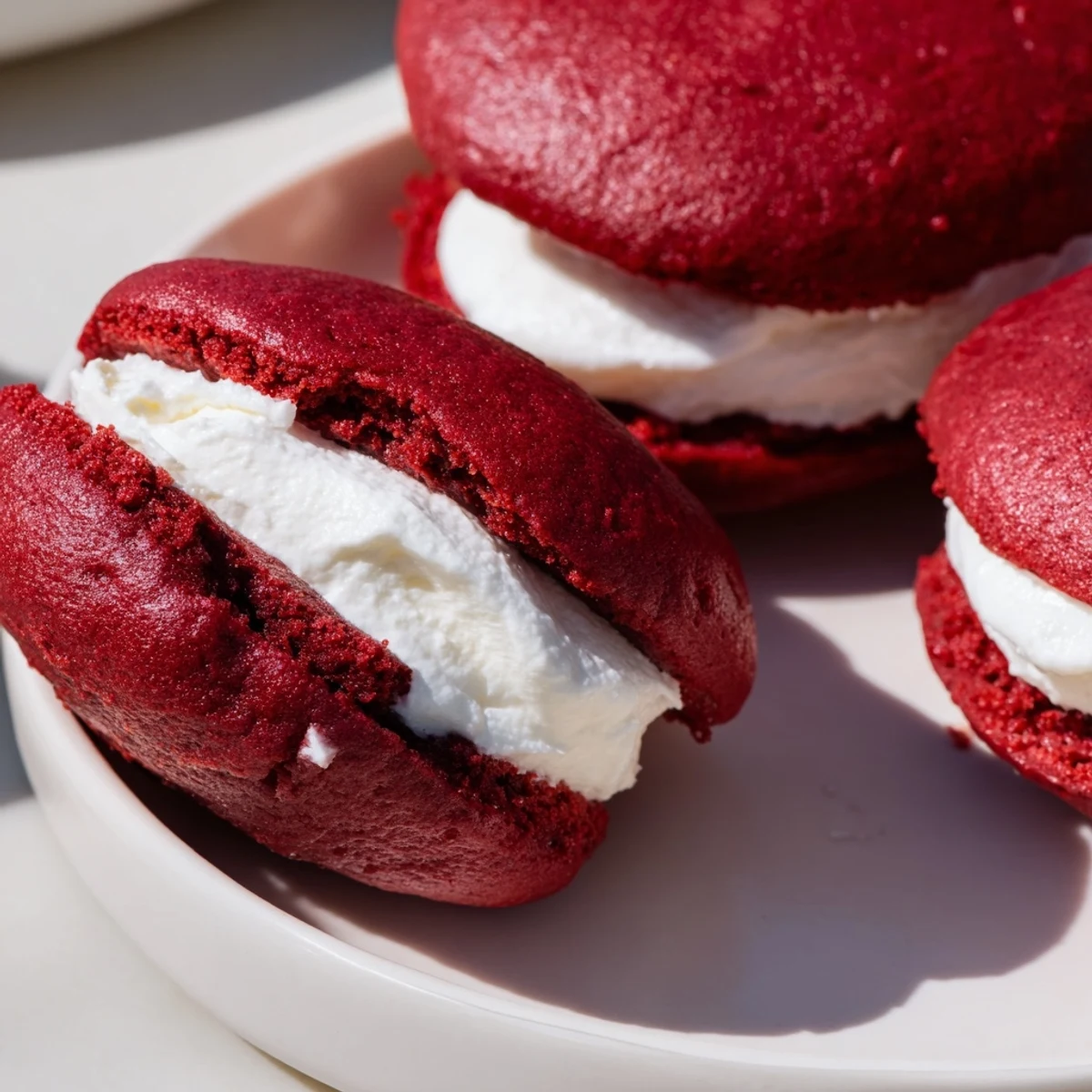 Four colorful red velvet whoopie pies with marshmallow filling arranged on a marble countertop with baking tools.