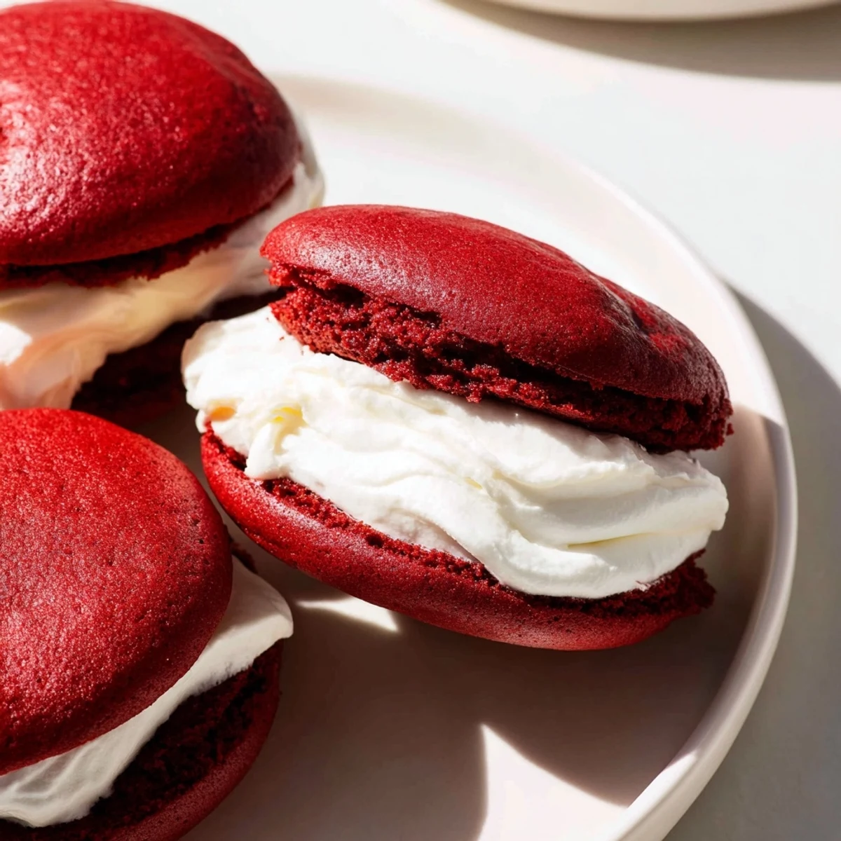 Freshly baked red velvet whoopie pies with marshmallow filling displayed on a white plate near milk.