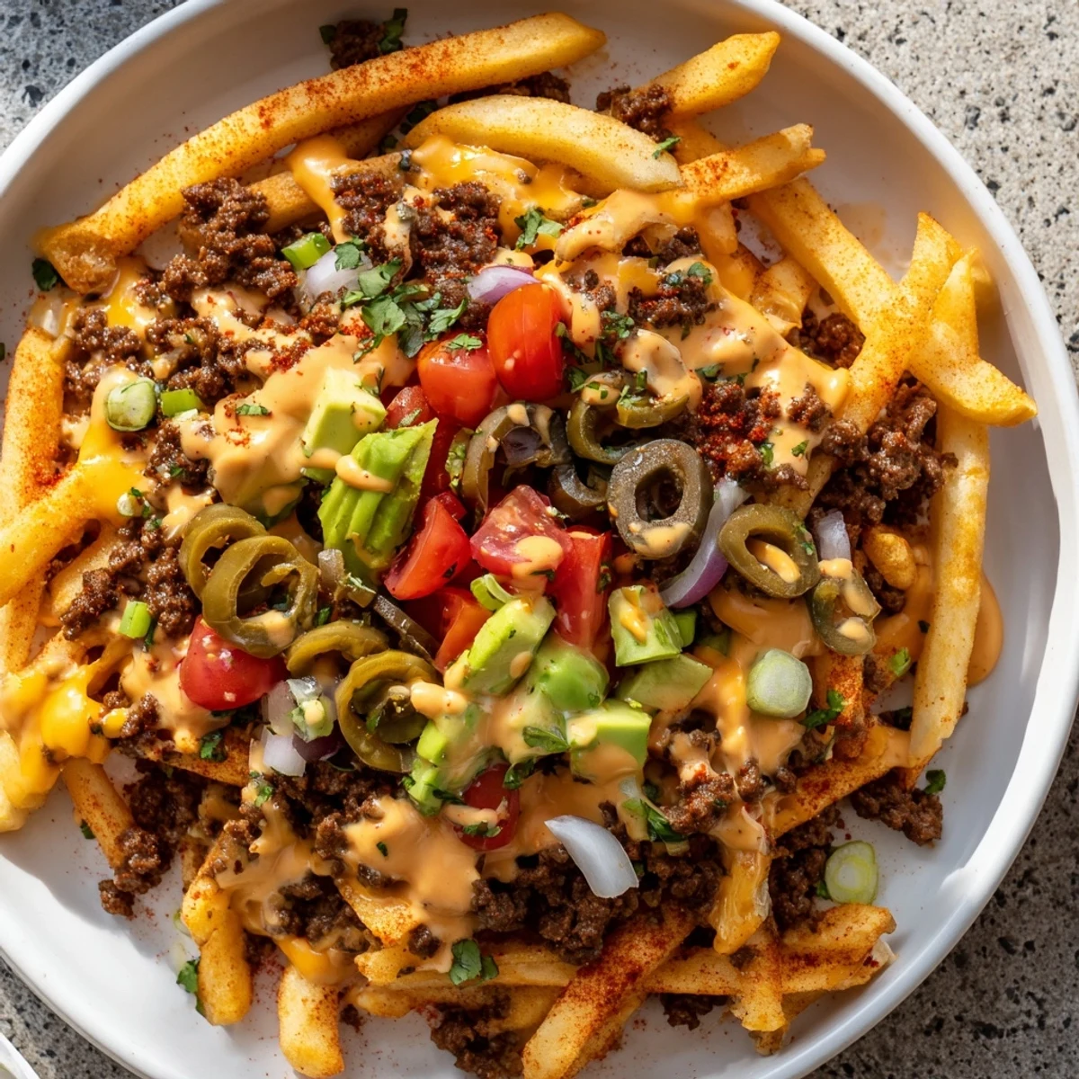 Golden-brown Super Bowl Loaded Nacho Fries on a platter, topped with zesty beef, melted cheese, jalapeños, and fresh cilantro.