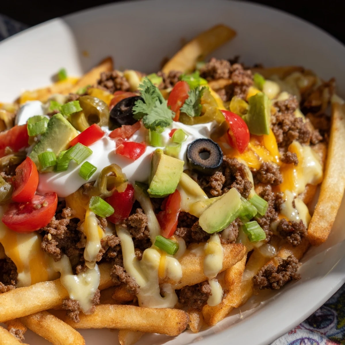 Crispy seasoned Super Bowl Loaded Nacho Fries smothered in melty cheese, ground beef, and dollops of sour cream on game day.