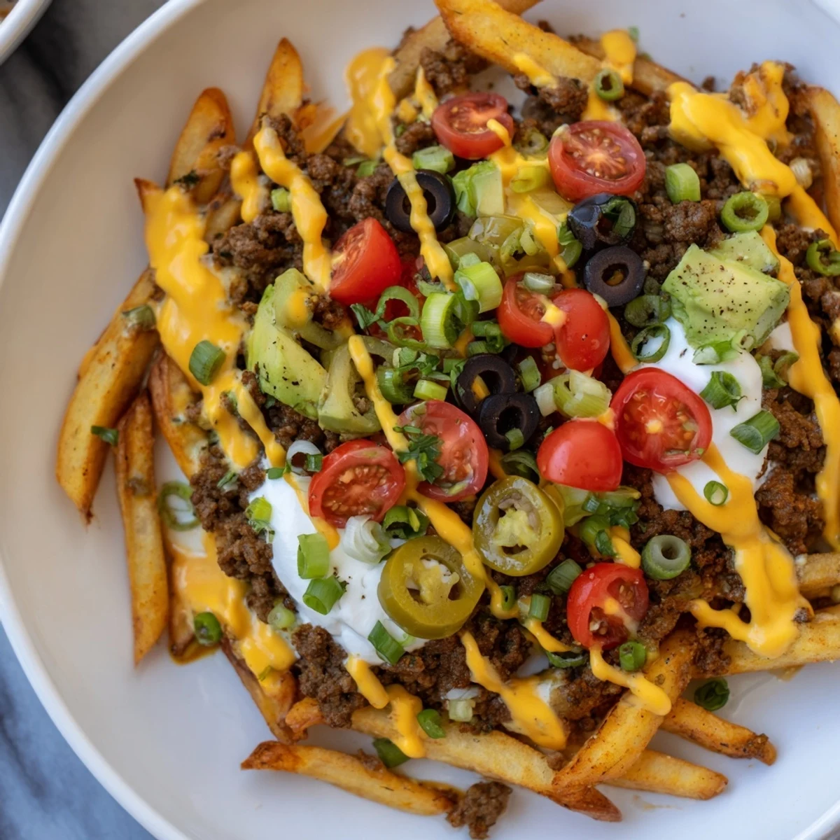 A skillet of hot Super Bowl Loaded Nacho Fries loaded with tomatoes, olives, jalapeños, and green onions, ready to serve.