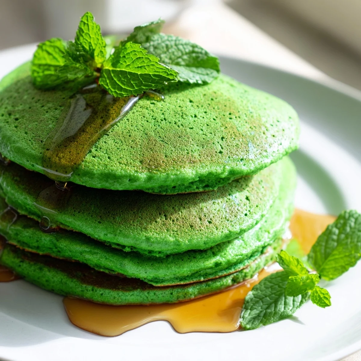 Fluffy Shamrock Green Pancakes stacked high, drizzled with sweet maple syrup for a festive St. Patrick's Day breakfast.