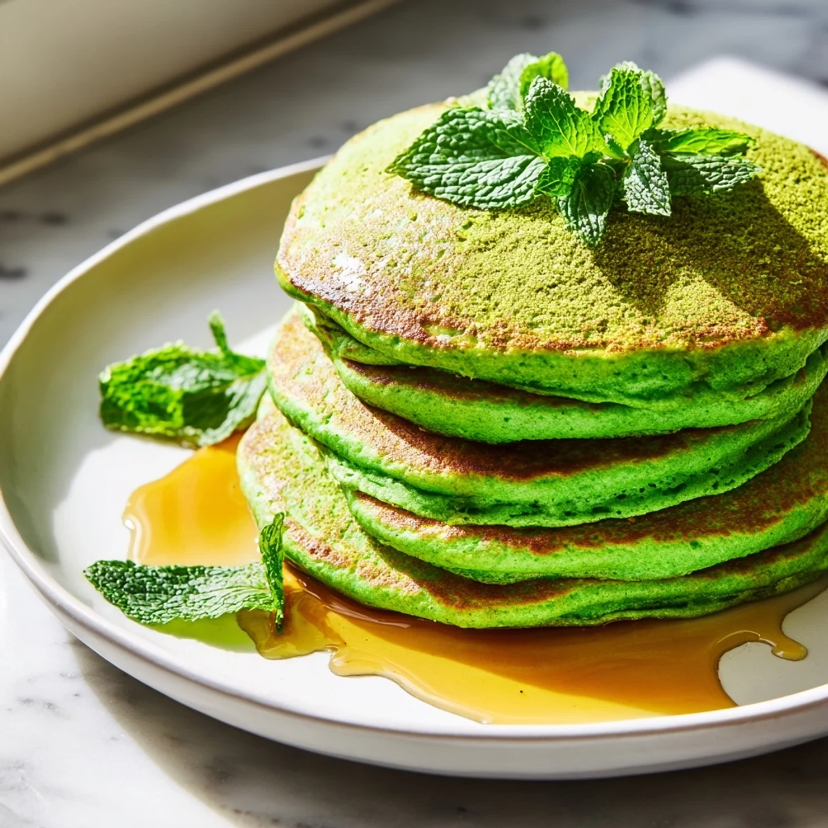 Bright green pancakes topped with fresh mint leaves, ready for a whimsical family brunch.
