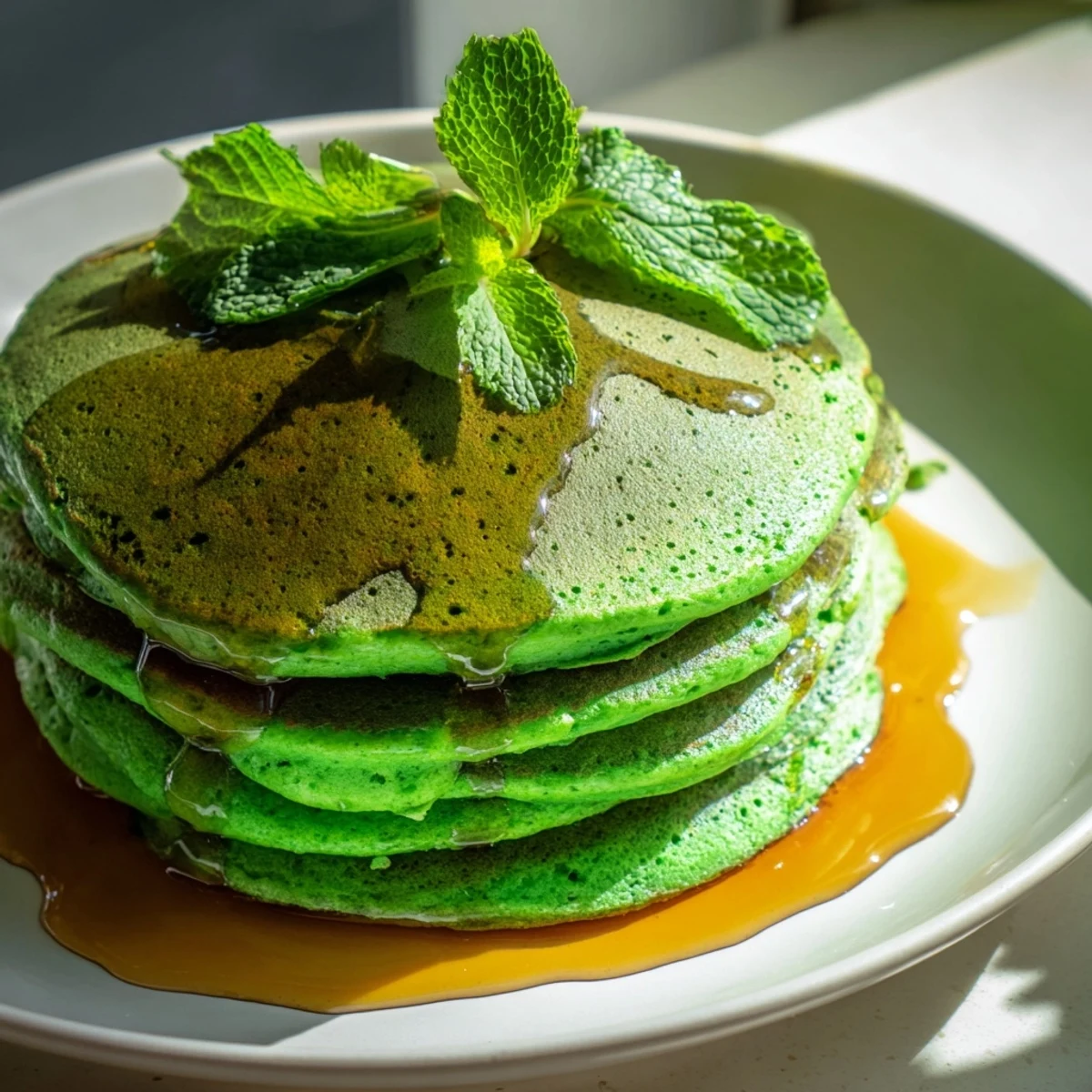 Stack of golden-edged Shamrock Green Pancakes with a syrup pour, served on a white plate.