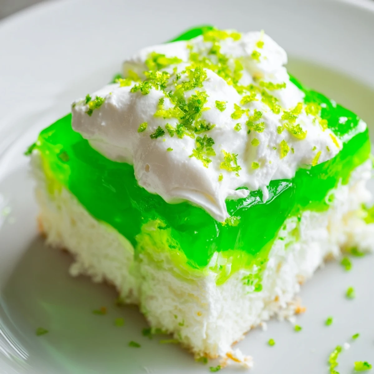 Freshly baked St. Patrick's Day Lime Poke Cake in a glass pan, drizzled with zesty lime gelatin and crowned with creamy topping.