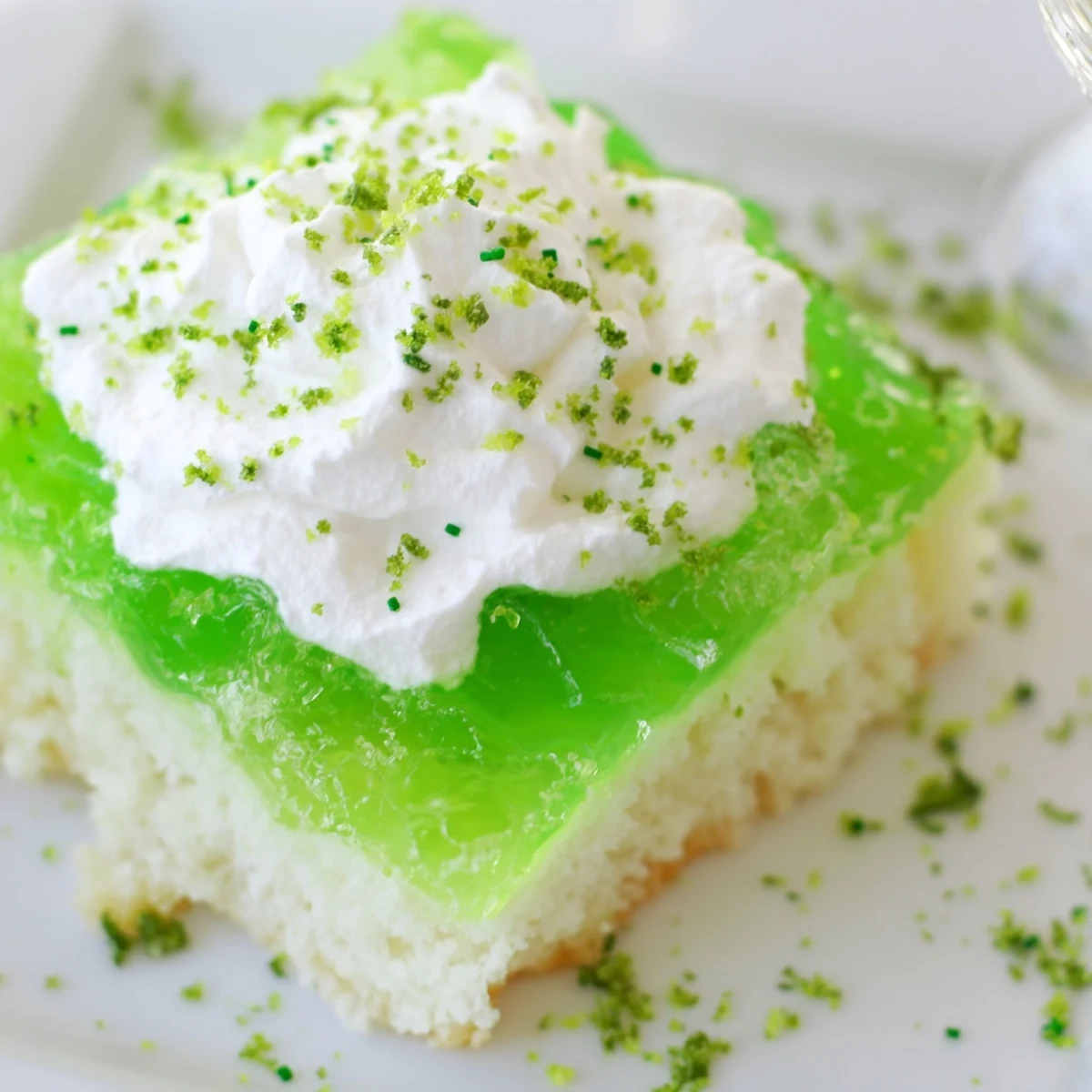 A chilled slice of St. Patrick's Day Lime Poke Cake served on a festive plate with fresh lime zest and green sprinkles.
