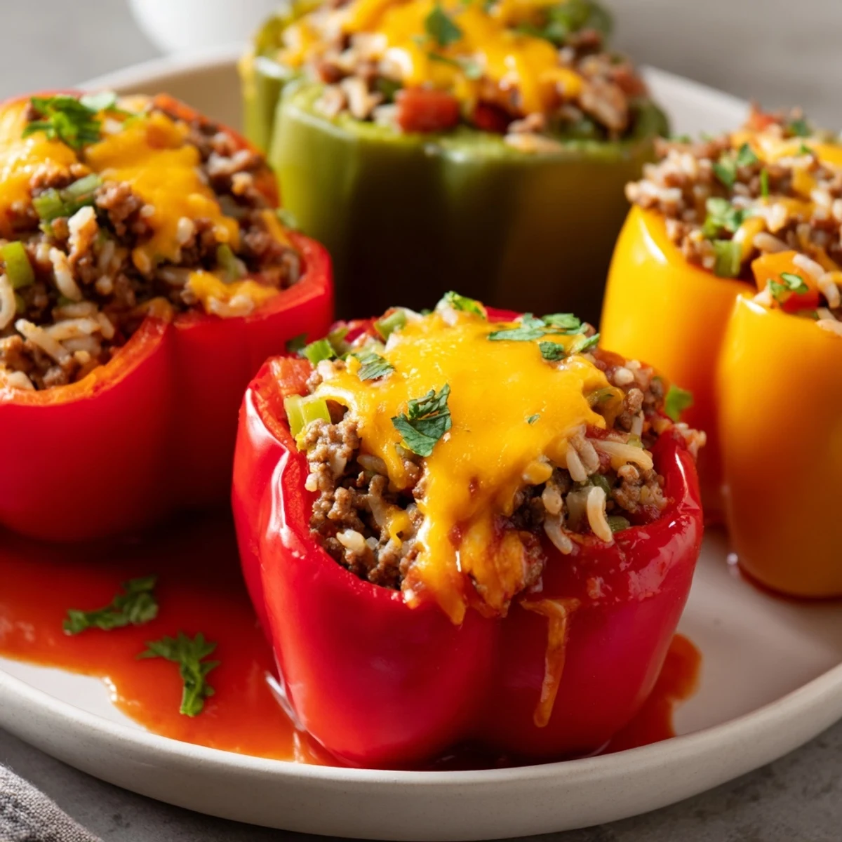 Four colorful Creole Stuffed Peppers are baked until tender in a pool of rich tomato sauce.