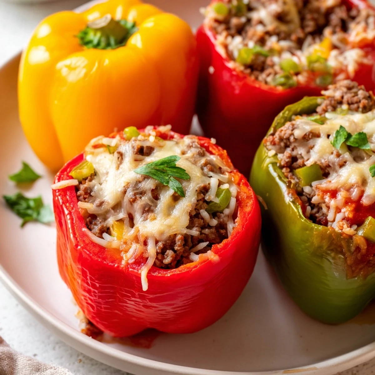 Savory Creole Stuffed Peppers filled with beef and rice, topped with melted cheddar and parsley.