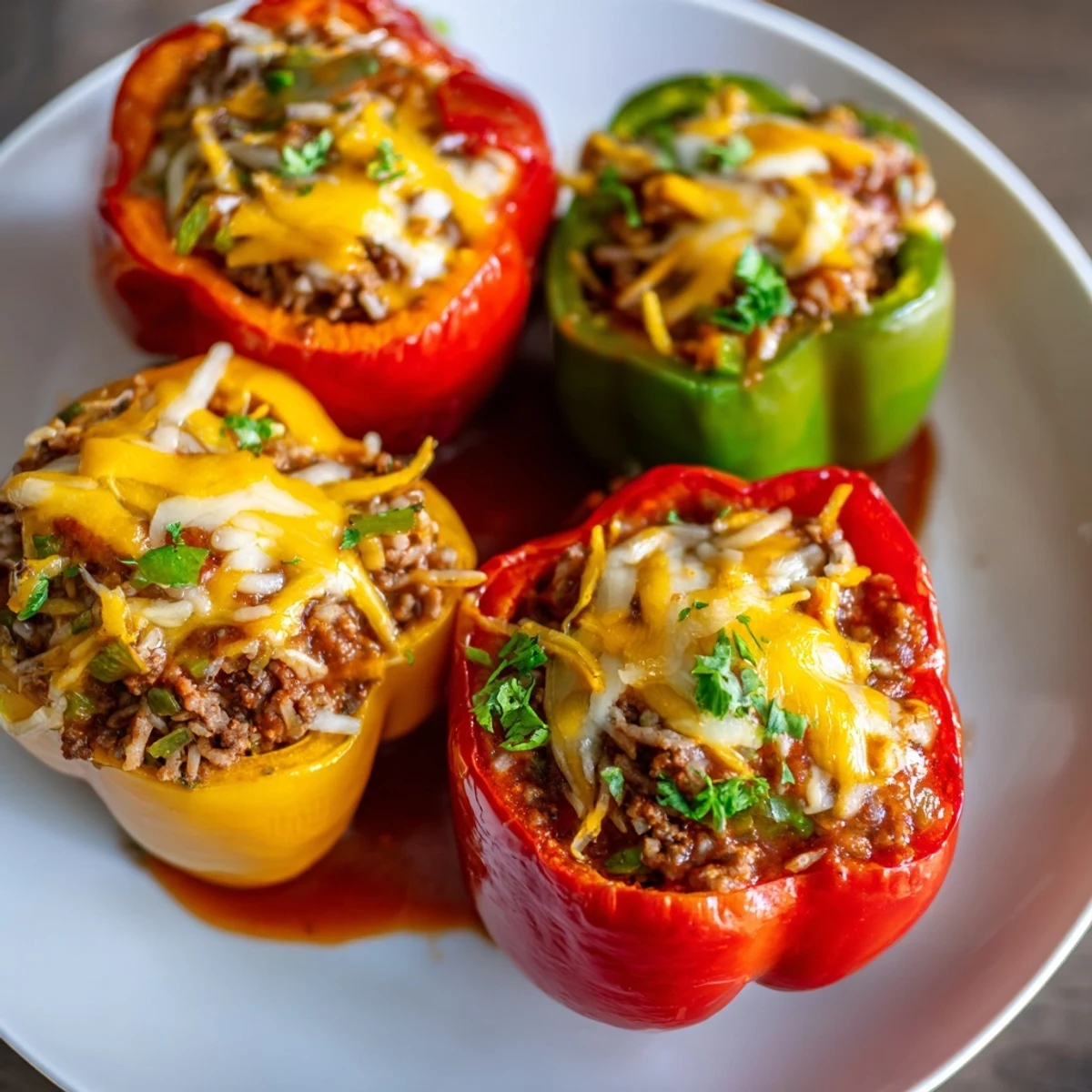 A skillet of Creole Stuffed Peppers sits ready to serve, perfect for a comforting Louisiana-style dinner.