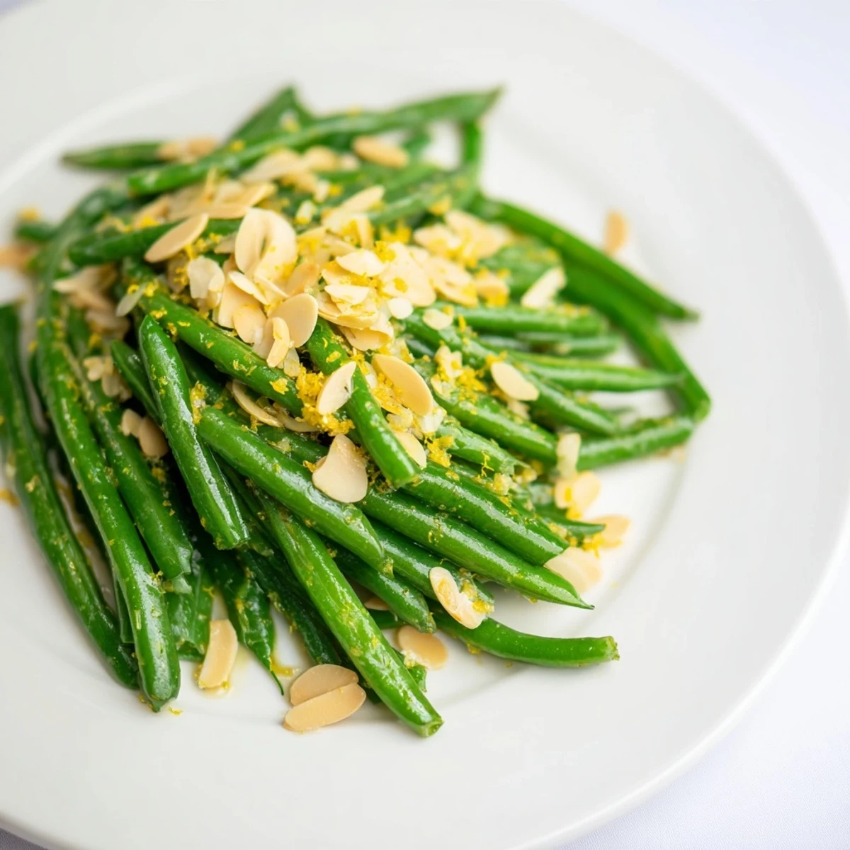 Green beans with lemon and almonds sautéed in a skillet with garlic, served as a bright, crisp-tender side dish.