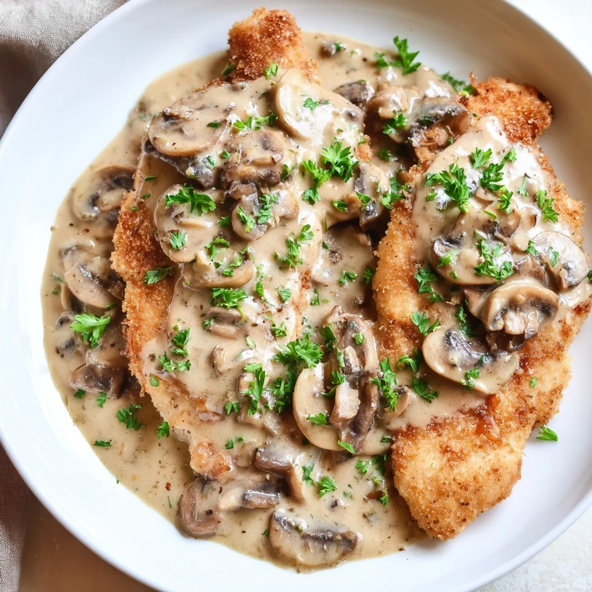 Golden, pan-fried Date Night Chicken Marsala topped with sautéed mushrooms and fresh parsley in a creamy sauce.
