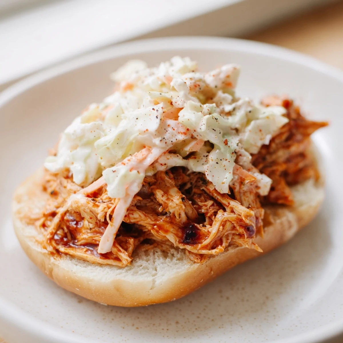 Smoky barbecue sauce coated Tailgate Pulled Chicken Sandwiches served warm with crunchy pickle slices.