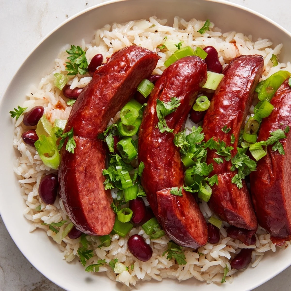 Savory Mardi Gras Rice and Beans with Beef Sausage served hot alongside cornbread on a festive table.