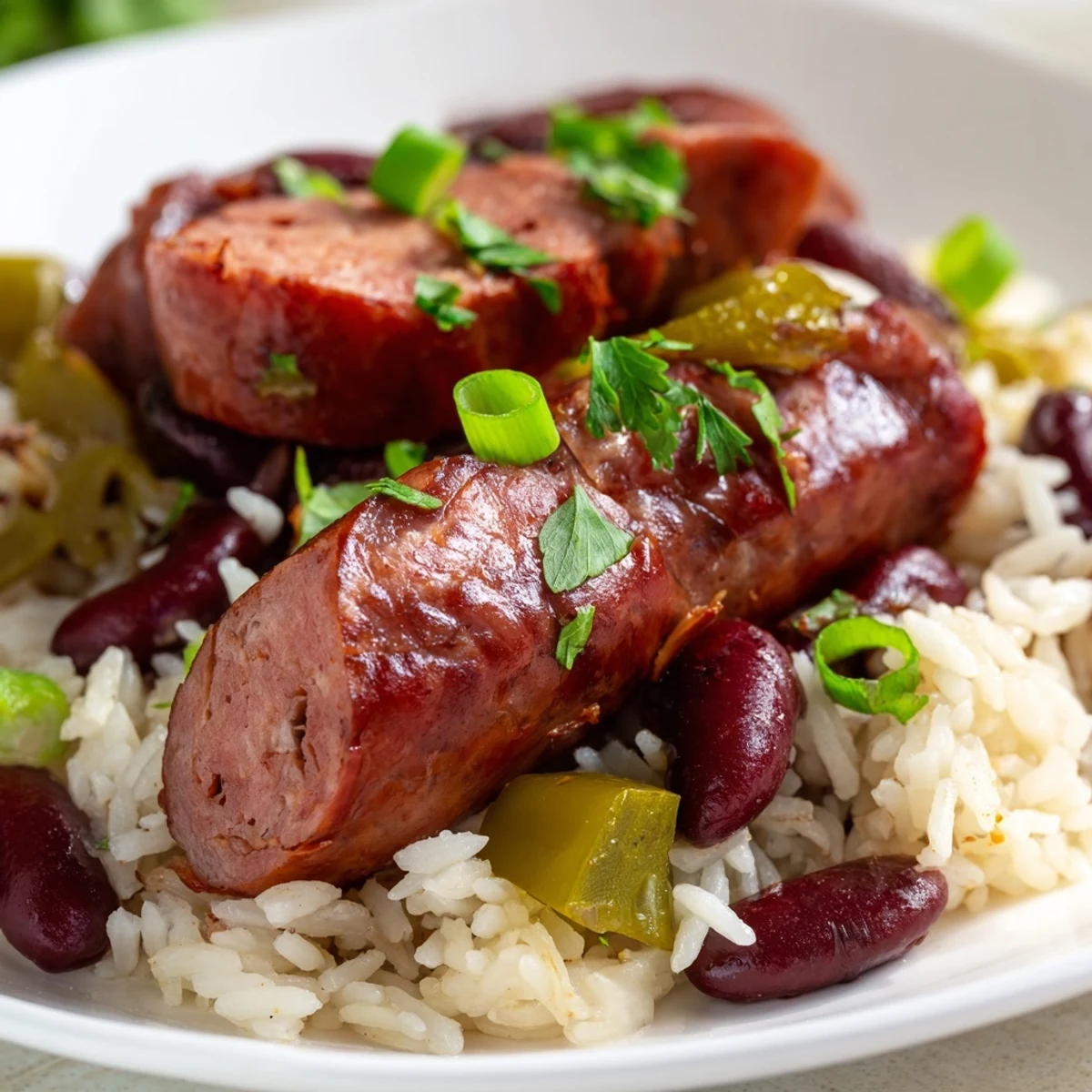 A steaming bowl of Mardi Gras Rice and Beans with Beef Sausage, garnished with fresh parsley and green onions.