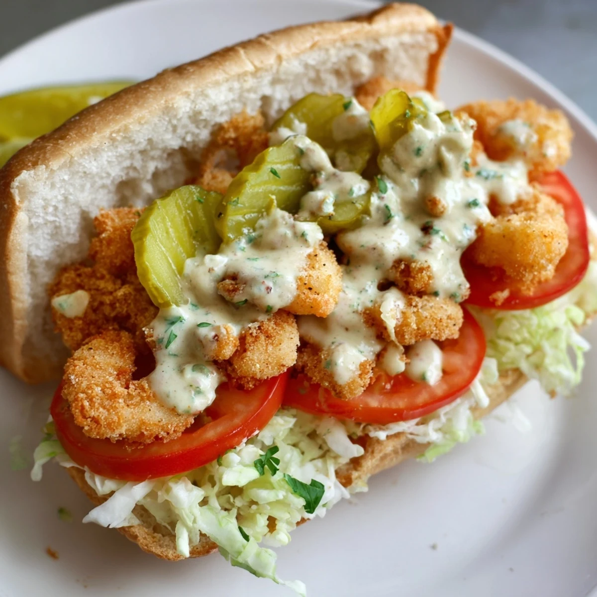Crispy fried New Orleans Shrimp Po Boy on a toasted French baguette, loaded with golden shrimp and tangy remoulade.