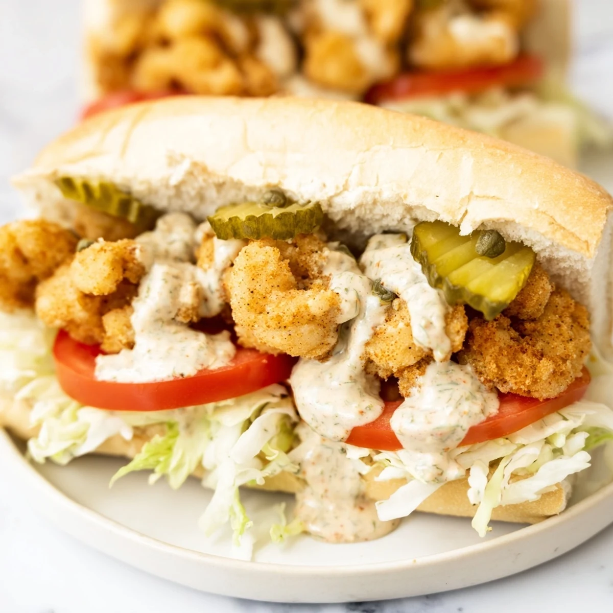 A close-up of a New Orleans Shrimp Po Boy stuffed with fried shrimp, crisp lettuce, tomato, and pickles.