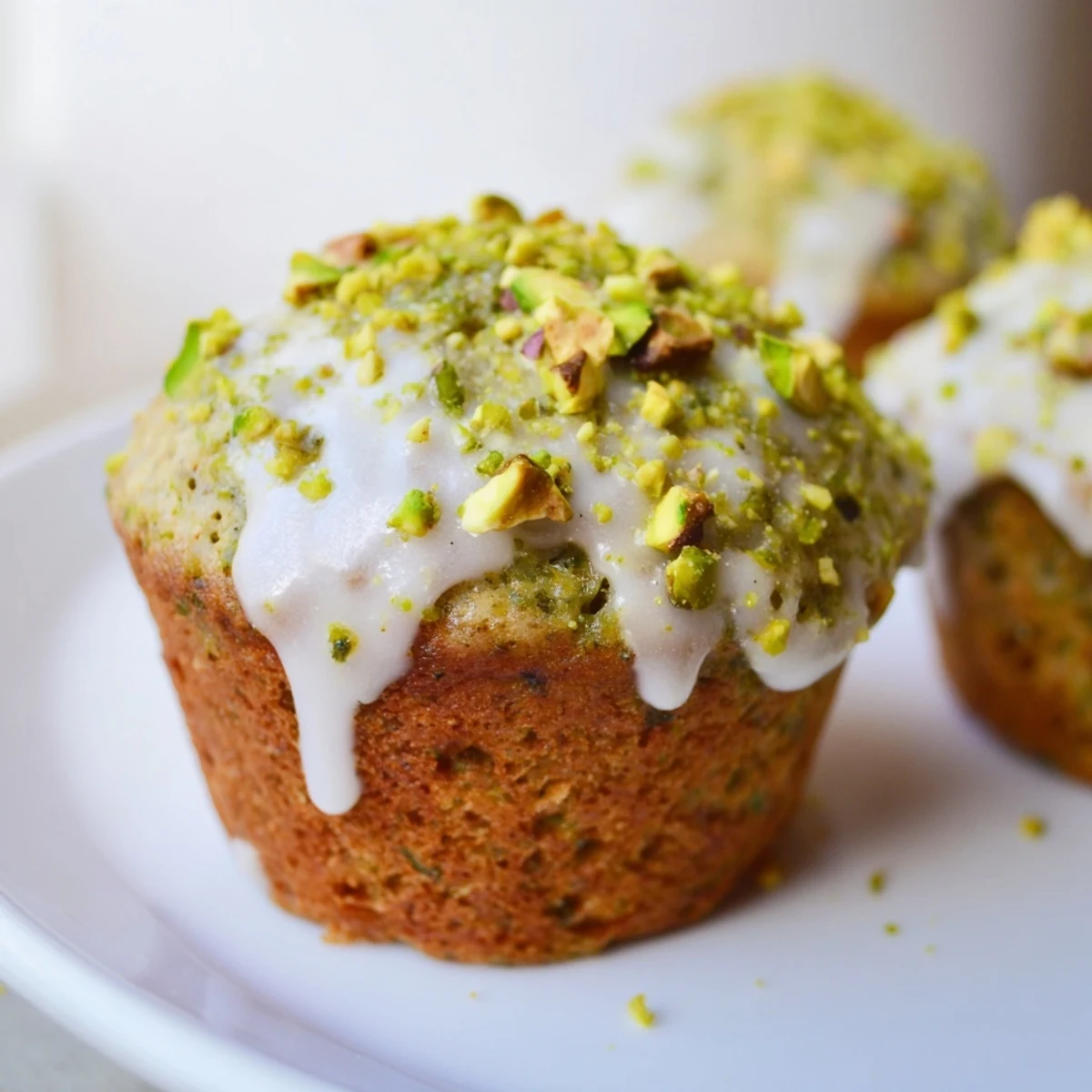 Freshly baked pistachio muffins with a glossy vanilla glaze, ready for a warm breakfast or sweet afternoon snack.