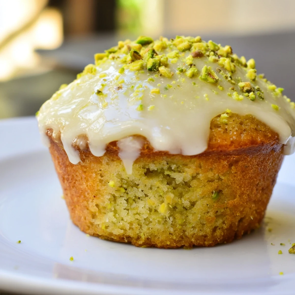 Golden-brown pistachio muffins topped with a smooth vanilla glaze, displayed on a rustic kitchen counter.